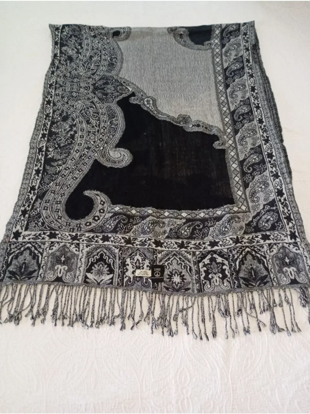 Lucky Wrap Scarf Paisley Fringe Wool Blend Black & Gray